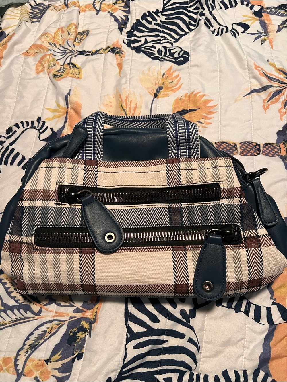 Plaid Cream and Navy Women's Satchel Bag